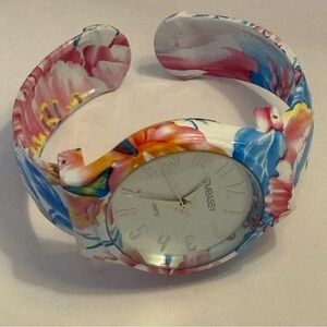 Embassy Floral Enameled Hinged Cuff Watch